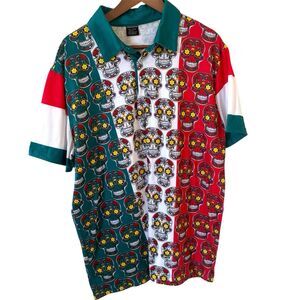 Mexian Flag Men Polo Shirt XL Sugar Skull White AO Graphic Day of the Dead Sport